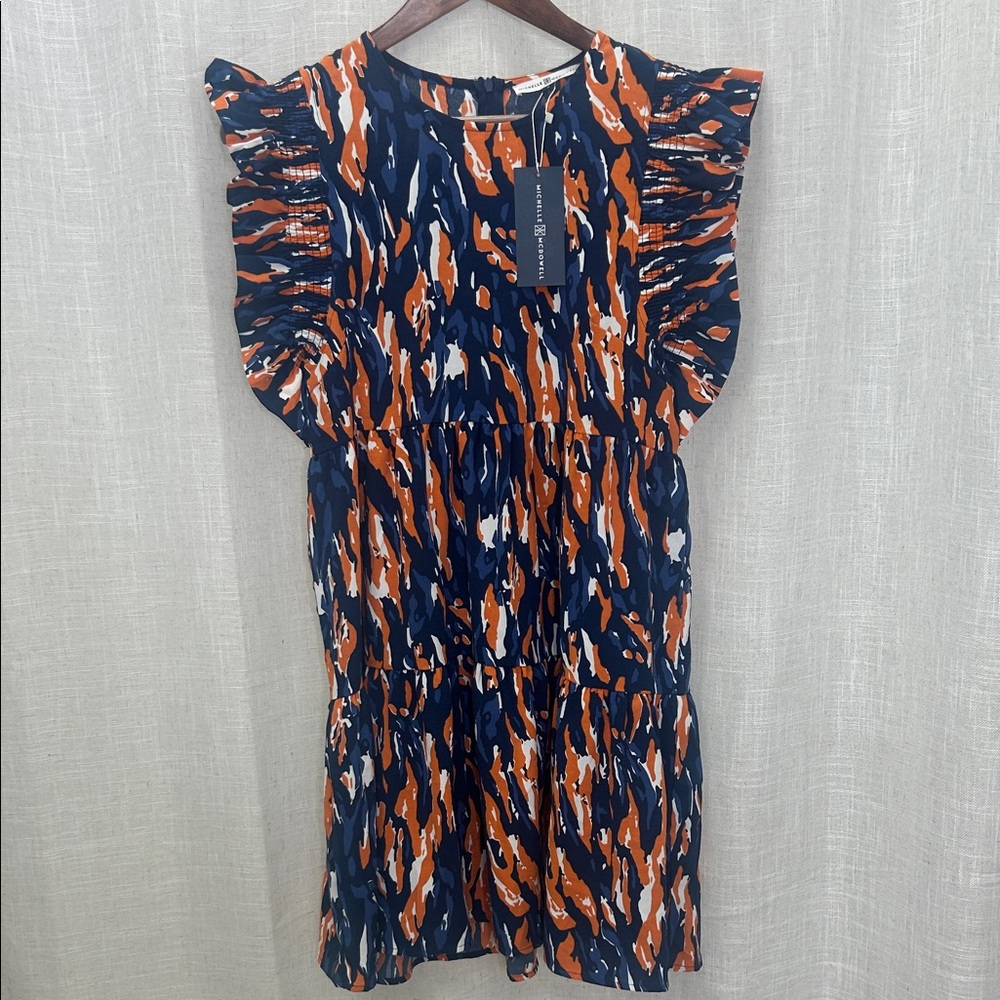 Michelle McDowell Navy & Orange Abstract Print Flutter Sleeve Dress Size Small